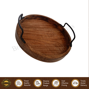 Plateau de service alimentaire en bois d'acacia artisanal de qualité supérieure, design moderne, pour la maison, la cuisine et les restaurants, avec poignées en métal - Product Image 2