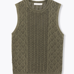 Chaleco sin mangas de punto geométrico verde oliva para mujer, cuello redondo, informal, otoño, 100% acrílico, corte regular, tejido a máquina - Product Image 1
