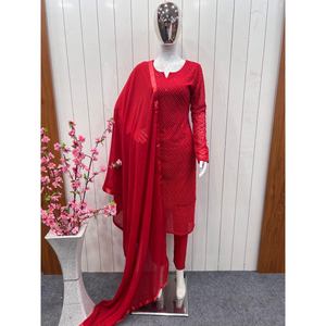 DISEÑADOR GEORGETTE LUKHNOWI TRABAJO TOP BOTTOM CON DUPATTA ROJO - Product Image 1