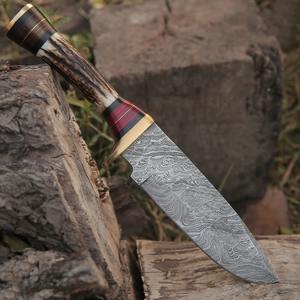 Cuchillo de bolsillo de hoja fija de acero de Damasco hecho a mano, mango de cuerno de ciervo, espiga completa, grado industrial, cuchillo de supervivencia para exteriores, cuero, OEM - Product Image 4