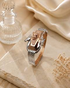Luxury 925 Sterling <b>Silver</b> Rose Gold Plated <b>Cuff</b> <b>Bracelet</b> with Animal Heads and Crystal Inlay Unisex Everyday Wear Gift - Product Image 1