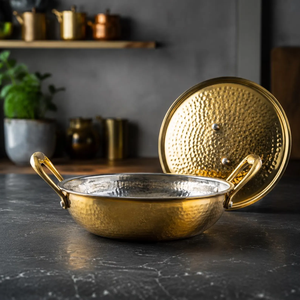 Nordic Pure Brass Kadahi With Lid And Handle For Home Kitchen Cookware <b>Pot</b> Stovetop <b>Cooking</b> Durable Round Kadahi - Product Image 2