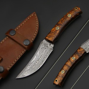 Cuchillo de Hoja Fija de Acero de Damasco, Espiga Completa, para Caza y Desollado, OEM, Industrial, para Camping y Exteriores, con Funda - Product Image 1