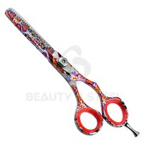 Luxury Artistic Professional Salon Straight Blending Scissors Stainless Steel Vintage Floral Handle Vibrant Red Sparkle Finish - Product Image 1