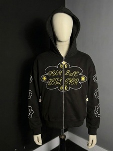 Sweat à capuche oversize streetwear hip-hop personnalisé noir à motif floral, imprimé lettres script et design floral, fermeture éclair intégrale - Product Image 1