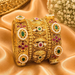 JeweleMarket Elegant Traditional Gold Plated Crystal & Rhinestone Freshwater Pearl Ethnic <b>Bangles</b> <b>Set</b> for Women - Product Image 1