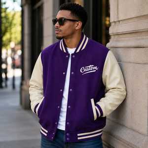Veste universitaire pour homme, couleur violette, avec logo personnalisé brodé, col rabattu, coupe classique, style décontracté, laine et polyester, hiver - Product Image 1