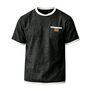 T-shirt à manches courtes en coton et lin respirant et écologique pour homme, avec bordure contrastée, poche poitrine, coupe classique, style décontracté - Product Image 3
