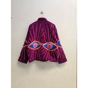 Purple <b>Velvet</b> Embroidered <b>Jacket</b> With Geometric Eye Pattern Full Sleeve Stand Collar Autumn Wear Hand Embroidery Design - Product Image 5