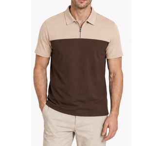 Servicio OEM, Logotipo Personalizado, Camisetas Polo para Hombre en Dos Tonos, Café y Marrón, Casual, con Cierre de 1/4, Colorblock, Estilo Golf, Secado Rápido - Product Image 1