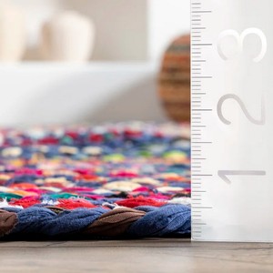 Tapis tressé bohème multicolore en patchwork, fils recyclés, fait main, à poils épais, rectangulaire, pour la décoration du salon - Product Image 2
