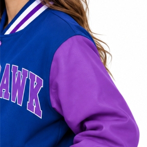 Custom <b>Women</b> Two Tone Varsity Jacket Casual College Style Outerwear Sleeves Print Snap Button Striped <b>Collar</b> Letterman Jacket - Product Image 6