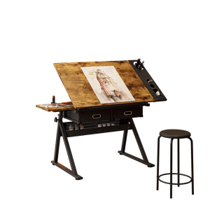 Tavolo da disegno e da disegno in legno regolabile con 2 cassetti per l'home Office e l'uso scolastico include sgabello - Product Image 2