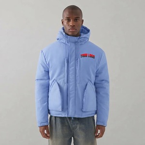 Men's <b>Light</b> Blue Hooded <b>Puffer</b> <b>Jacket</b> With Zipper Front And Embroidery Logo Winter Casual Outerwear - Product Image 1