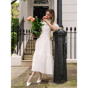 Vestido Midi Elegante de Verano Personalizable OEM para Mujer, Transpirable, Corte Imperio, Lindo, Estampado Sólido, Botones Bordados, Tela Lavable - Product Image 3