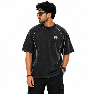 T-shirt Homme Oversize en Coton Délavé Coupe Boxy Épaules Tombantes Coutures Contrastantes Streetwear Lourd Décontracté Été - Product Image 1