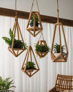 Geometric <b>Wooden</b> Hanging Plant Pot Rustic Pendant <b>Planter</b> Bracket for Indoor Home Decor - Product Image 1