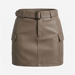Jupe courte en similicuir à taille haute pour femme avec ceinture, poches cargo, couleur unie, style toutes saisons - Product Image 1