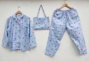 Robe de nuit 100% coton à manches longues, pyjama doux et léger, ensemble de vêtements de nuit en deux pièces pour femmes et hommes pour l'été - Product Image 5