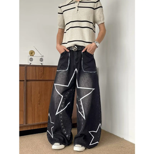 <b>Men's</b> <b>Wide</b> <b>Leg</b> Star Print High Waist Denim <b>Jeans</b> Cotton Midweight Stonewashed Sand Wash Casual ODM Customizable Buttons Logo - Product Image 3
