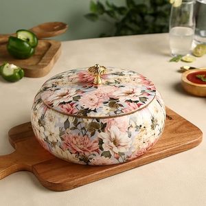 Cazuela de Cerámica Floral con Tapa, Recipiente Redondo para Calentar Alimentos con Revestimiento de Esmalte Aislante - Product Image 1