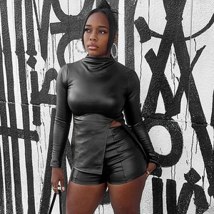 Fashion Custom Logo Summer 2 Piece <b>Pants</b> Set PU Leather Clubwear Bodycon Women Short Sleeve Crop Top Outfits Shorts Sets Women - Product Image 1