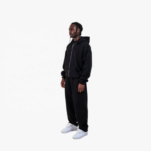 Custom Relaxed Fit Men's Black <b>Full</b> <b>Zip</b> <b>Hoodie</b> Tracksuit Set 100% Cotton Loose Fit Casual Wear Autumn Streetwear Jogging Outfit - Product Image 5