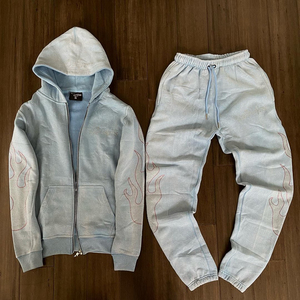 Custom OEM Blanks Hoodie Terry Oversized Tracksuit Rhinestone Zip up Wash Flare Sweatpants and Hoodie Sets high quality - Product Image 3