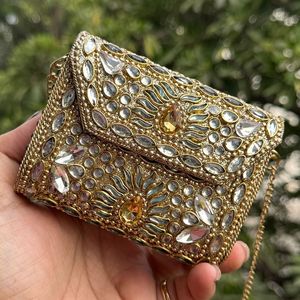 Sac de rangement chic en métal Kundan, pochette de soirée de luxe en cristal pour femme, collection mariage et fête - Product Image 2