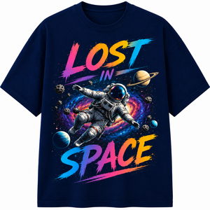 เสื้อยืดผู้ชายสีดำพิมพ์ลายนักบินอวกาศ Lost Space แขนสั้น คอกลม ทรงปกติ สวมใส่สบาย ผ้าฝ้ายเจอร์ซีย์ 100% ระบายอากาศได้ดี ด้านหน้าลายฮิป - Product Image 1