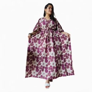 Robe kaftan ample en coton 100% imprimé au bloc, style bohème, longueur ras du sol, manches longues, pour les occasions décontractées, la plage et l'été. - Product Image 1