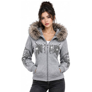 Sweat à capuche gris zippé pour femme avec capuche en fausse fourrure, imprimé lettres pailletées, veste d'hiver coupe droite en tricot polyester-coton - Product Image 2