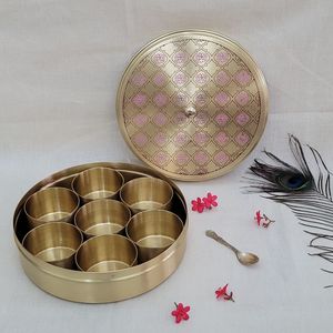Round Handcrafted Brass <b>Masala</b> <b>Box</b> For Indian Seasoning Storage And Decorative Dining Table Display - Product Image 6