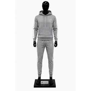 Conjunto Deportivo Gris para Hombre, Sudadera con Capucha y Logotipo Personalizado, Pantalones Deportivos con Franja Lateral Blanca, Ropa Deportiva Informal para Gimnasio, en Oferta - Product Image 1