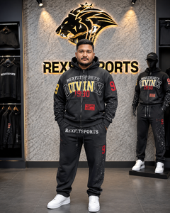 REXFITSPORTS <b>Men</b>’s <b>Black</b> Graphic Tracksuit Set Full Zip Hoodie Jogger Pants Cotton Polyester <b>Fleece</b> Custom Streetwear Sportswear - Product Image 4