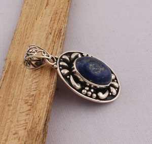 Pendentif en argent sterling 925 avec pierre précieuse naturelle Lapis Lazuli, cabochon ovale serti clos, style vintage Bali, breloque de 18 pouces, vente en gros - Product Image 2