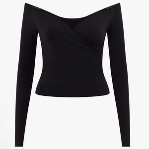 Off-The-Shoulder <b>Long</b> Sleeve Yoga Set 2 Piece Black Ruched Twist High Waist Shorts <b>Spaghetti</b> Strap Breathable Solid - Product Image 3