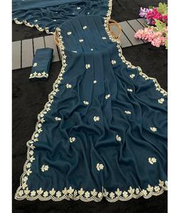 Magnifique sari indien en georgette étoilée avec broderies et travail manuel pour tenue de mariage et de soirée pour femmes, vêtements de cérémonie - Product Image 1