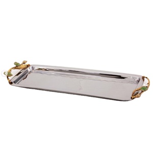 Hotelware Restaurant Ware Catering <b>Tray</b> Food Snacks Cookies Serving <b>Tray</b> Modern <b>Large</b> Size Metal Serving <b>Tray</b> With Floral Handle - Product Image 1