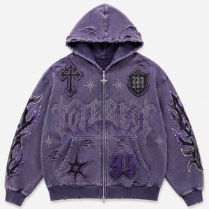 เสื้อฮู้ดดี้ยีนส์โอเวอร์ไซส์แบบยูนิเซ็กซ์ ระบายอากาศได้ดี สไตล์ลำลองสำหรับฤดูใบไม้ร่วง ซิปหน้า แขนขาดแต่งลายปัก แจ็คเก็ตสตรีทแวร์ - Product Image 3