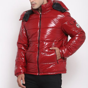 <b>Men's</b> Red PU Puffer <b>Jacket</b> With Hood <b>Down</b> <b>Filled</b> Windproof Casual Winter Coat Patch Design Left Sleeve Zipper Closure - Product Image 1