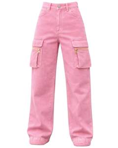 Vaqueros Cargo de Mezclilla Rosa Personalizados de Cintura Alta y Pierna Ancha con Bolsillos con Cremallera, Estilo Urbano, Pantalones Casuales Holgados para Mujer, OEM Personalizado - Product Image 1