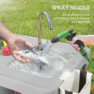 Lavello Portatile da Campeggio con Tavolo, Funzioni per la Pulizia del Pesce, Design Pieghevole, Tubo di Scarico, Spruzzatore, Ripiano, Cassetto Portaoggetti - Materiale Plastico - Product Image 5