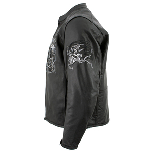 Chaqueta de Cuero Negra para Hombre, Estilo Motero, con Estampado Gráfico de Calavera Gótica, Diseños Bordados en las Mangas, Cuello Alto, Cierre Frontal Completo - Product Image 5