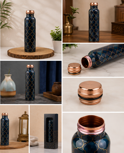 Botella de Agua de Cobre Azul Marino con Patrón Dorado, Diseño Moderno, Portátil para Viajes - Product Image 6