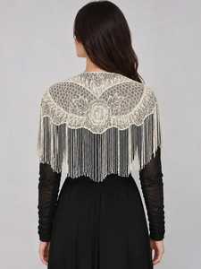 Elegante Mantellina da <span class=keywords><strong>Donna</strong></span> in Pizzo <span class=keywords><strong>Bianco</strong></span> con Frange e Perle, <span class=keywords><strong>Bolero</strong></span> Avvolgente - Product Image 2