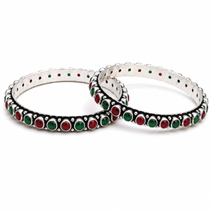 Wholesale Suppler Antique Silver Plated Brass Oxidized Bohemia Style Flower Pattern Onyx Bangles Rose Green Women's Jewelry Bulk - Product Image 1