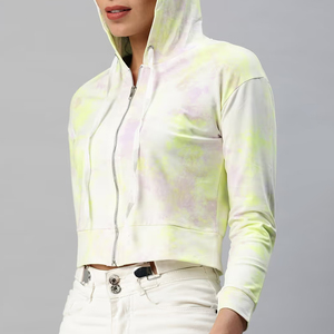 Breathable Polyester Cotton Fleece Full Sleeve Women's Autumn Casual <b>Crop</b> Hoodie with Zipper Custom Solid Tiedye Design - Product Image 3