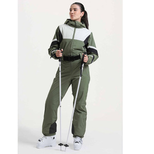 Custom <b>Women</b> <b>One</b> <b>Piece</b> <b>Ski</b> <b>Suit</b> Waterproof Windproof Olive Green Color Block Snowboard Jumpsuit with Hood and Belt - Product Image 3