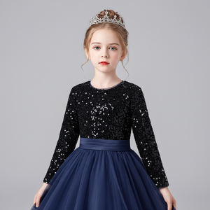 ชุดราตรีเด็กผู้หญิงผ้ากำมะหยี่สีน้ำเงินพรีเมียมปักเลื่อมประดับด้วยผ้าเน็ตเนื้อนุ่มสไตล์เจ้าหญิง สำหรับงานเลี้ยงตอนเย็น ขายส่งแบบ OEM - Product Image 2